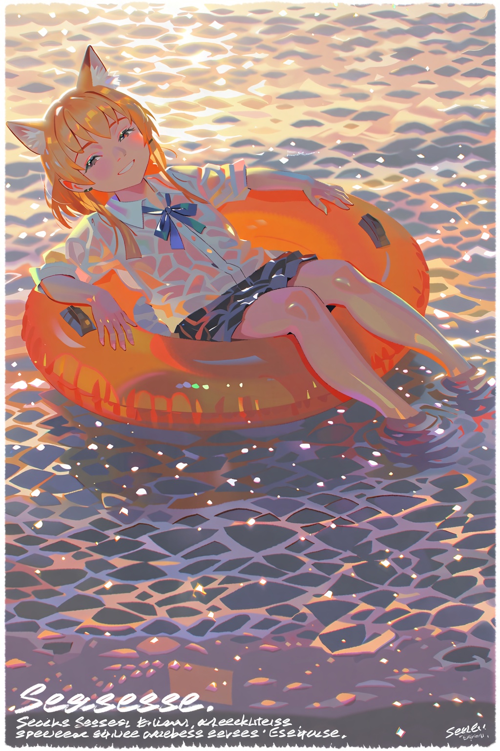 A girl with fox ears floats on an orange inflatable ring in the ocean at sunset. Her wet white shirt clings to her as gent...