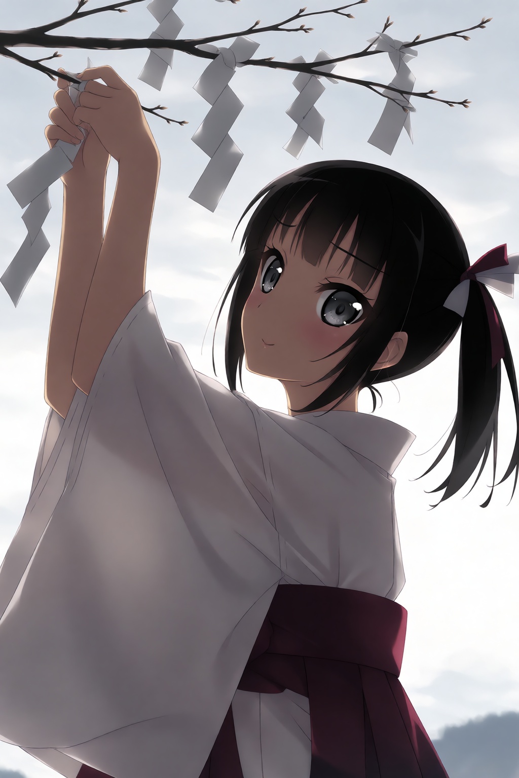 In this medium-shot,  low-angle portrait,  a young woman with dark skin and long black hair tied into a low ponytail with...
