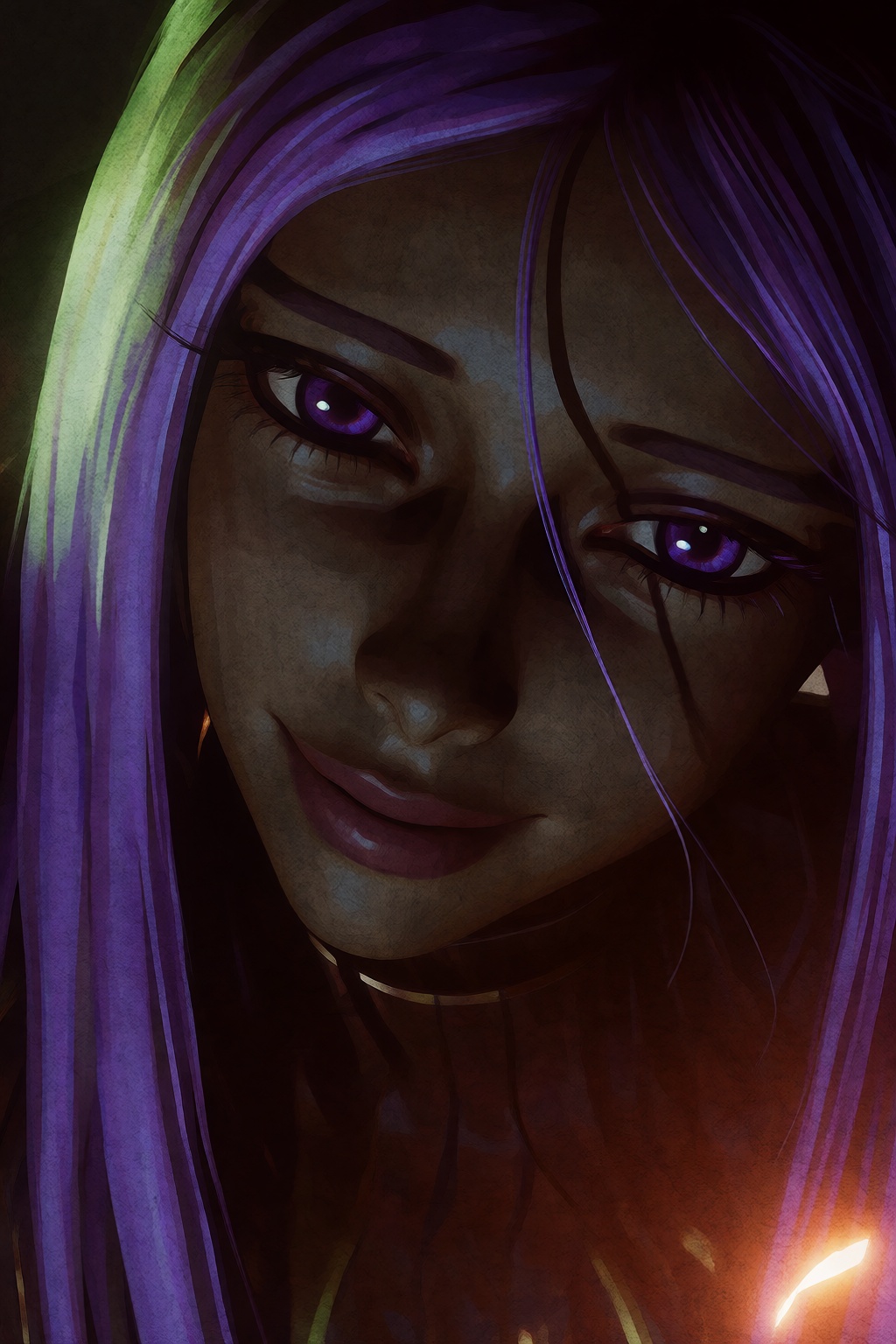 An extreme close-up,  low-angle cinematic portrait depicts a young woman with dark skin and long,  straight violet hair on...