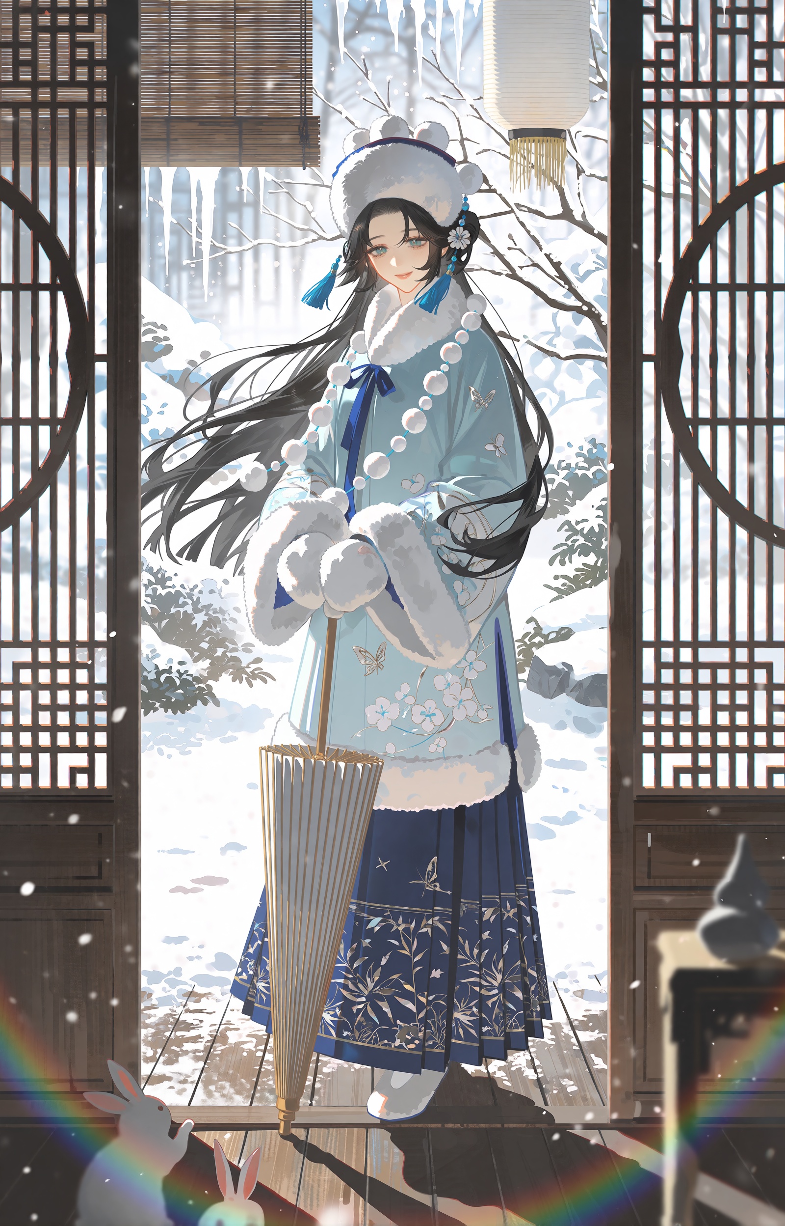 SUBJECT: A woman with waist-length black hair streaming sideways in the wind carries pale skin and a gentle serene smile....