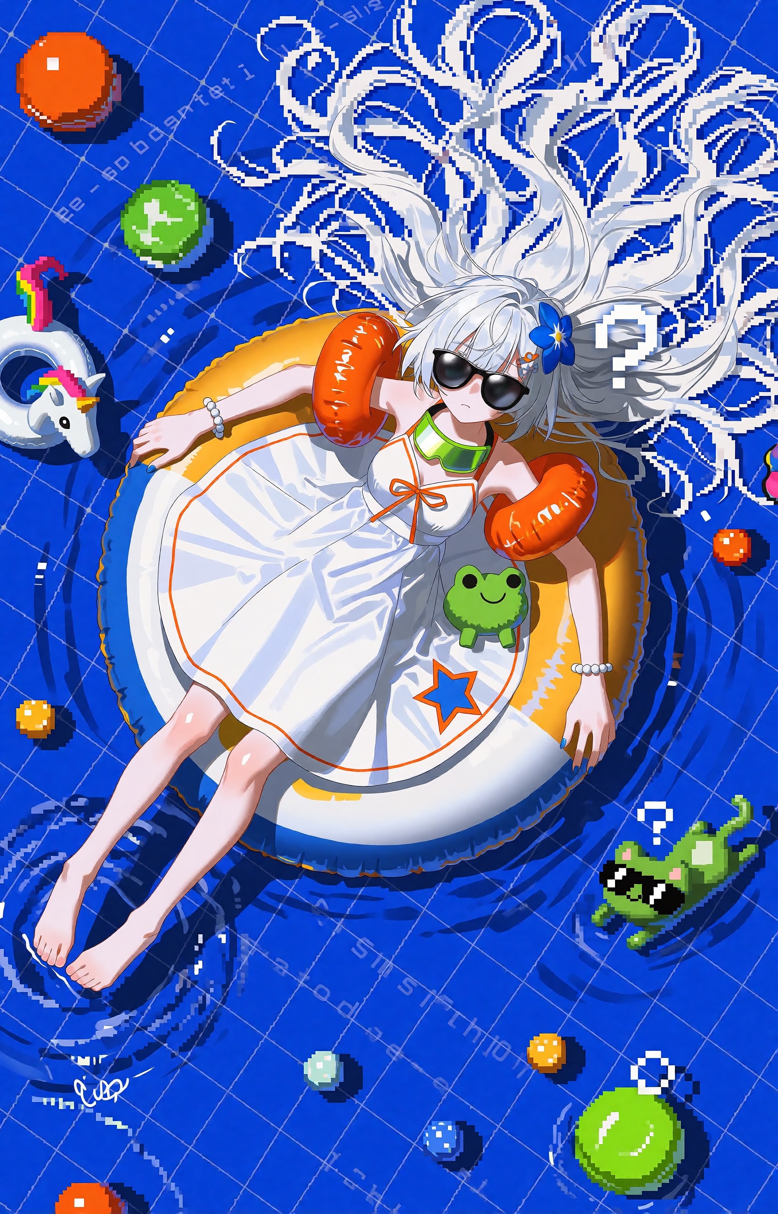 SUBJECT : A silver-haired girl with extremely long white hair streaming outward in glitched,  pixel-frayed waves. She wear...