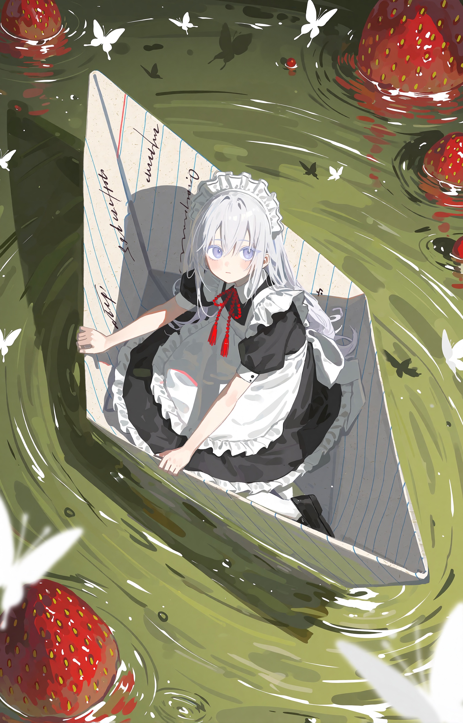 SUBJECT : A tiny silver-haired maid girl with long white hair and pale lavender eyes,  kneeling small inside her vessel. S...
