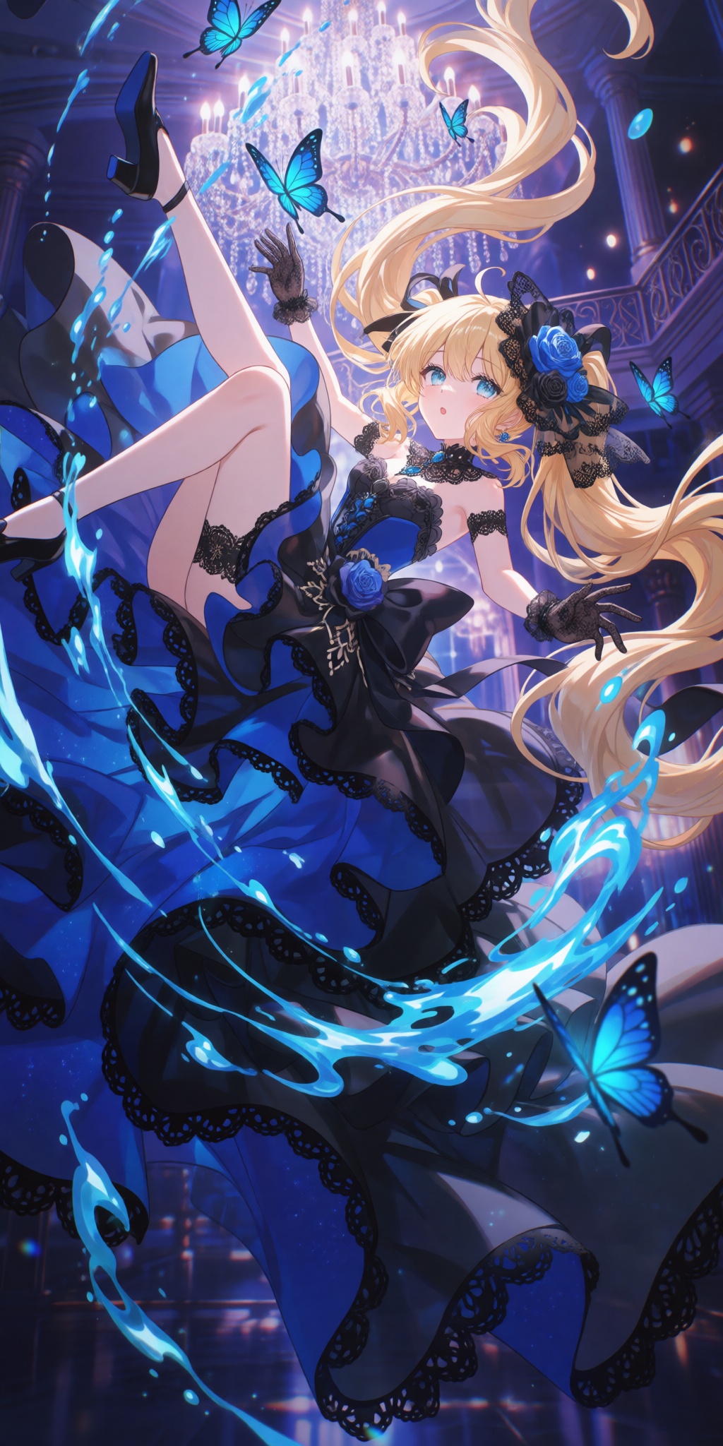 a slender young woman with a delicate figure and long,  flowing blonde hair styled in loose twin tails floats dynamically...