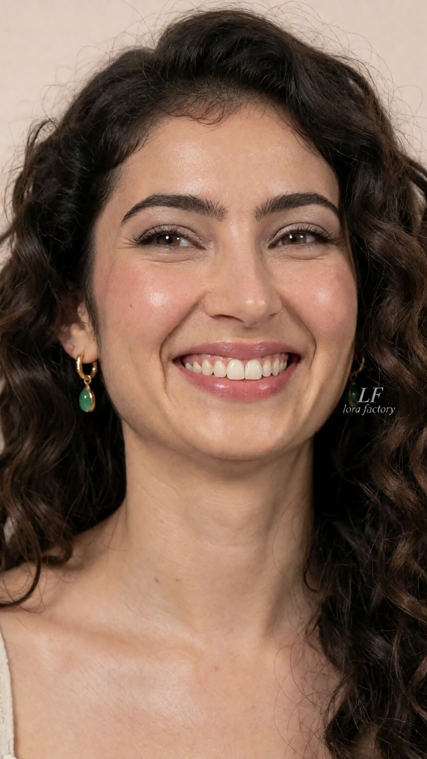 Photograph of a smiling woman with long,  wavy dark brown hair cascading over her shoulders. She has light skin with a sli...