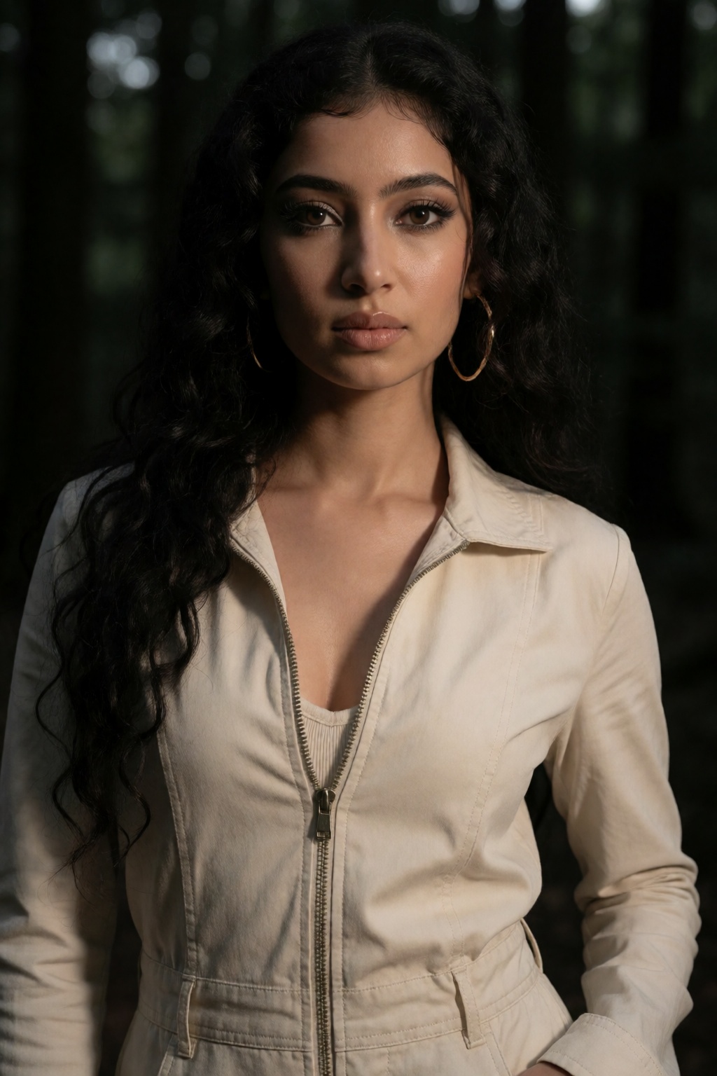Create a Y2K style fashion photograph of a South Asian actress set in a dark forest environment. Focus on her in a jumb su...