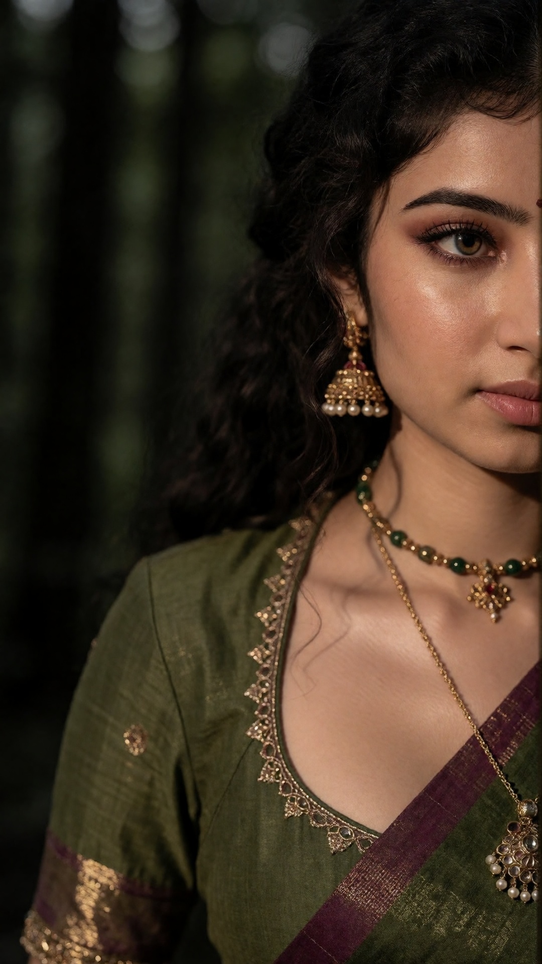 Create a Y2K style fashion photograph of a Kerala woman set in a dark forest environment. Focus on her in a jumb suit,  wi...