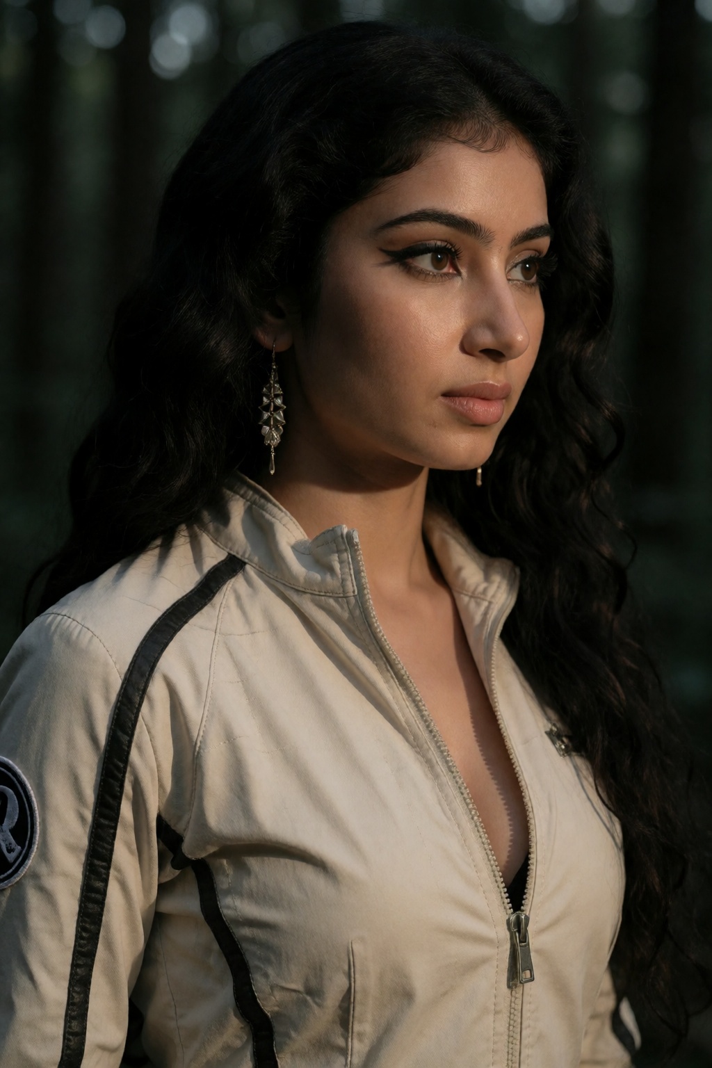 Create a Y2K style fashion photograph of a South Asian actress set in a dark forest environment. Focus on her in a jumb su...