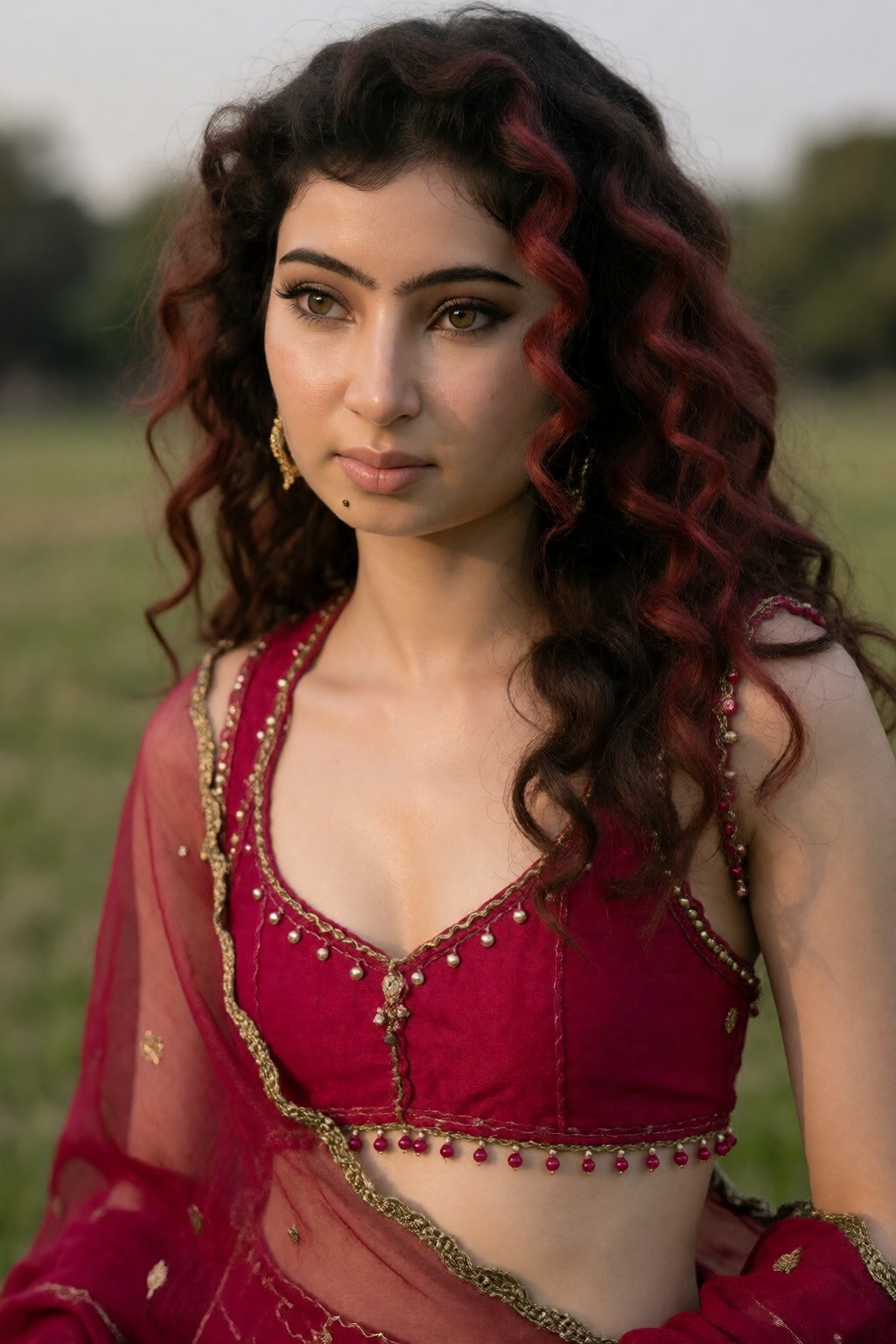 Photograph of a young South Asian woman with medium-length,  wavy brown hair with reddish highlights,  standing outdoors i...
