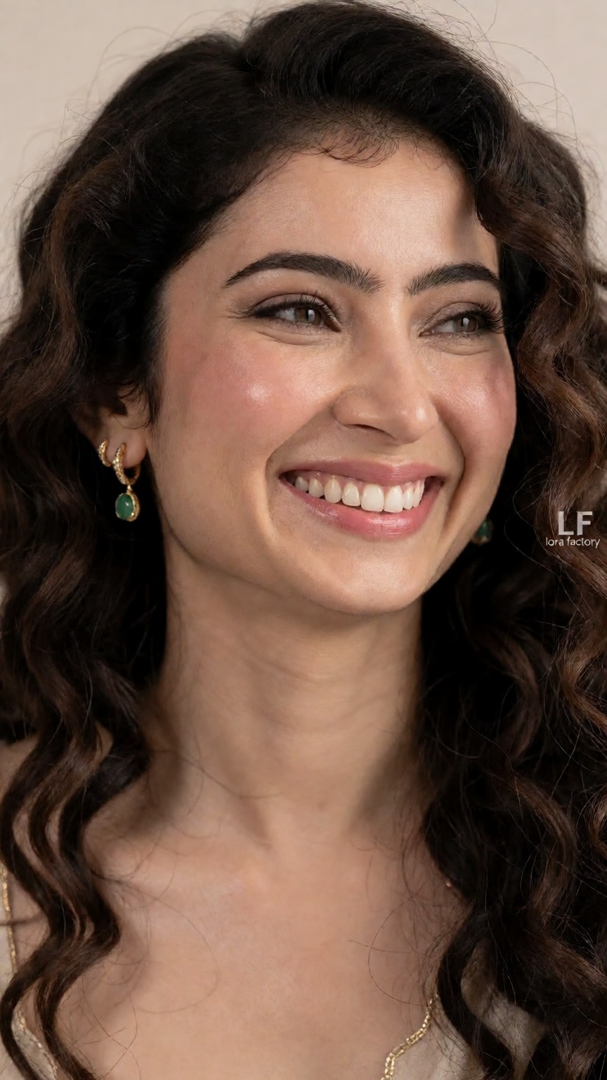 Photograph of a smiling woman with long,  wavy dark brown hair cascading over her shoulders. She has light skin with a sli...