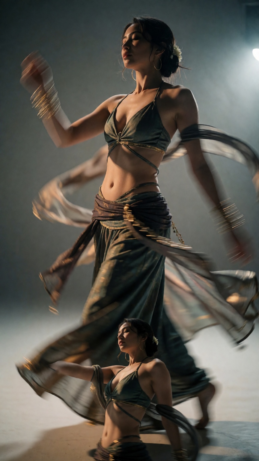A graceful woman stands confidently,  poised and elegant. She begins a fluid belly-dance–inspired performance with express...