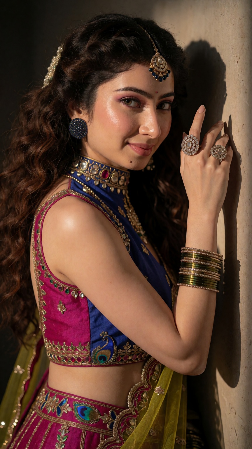 Mole on chin,  bollywood actress,  image ONLY as the identity source. Recreate the precise composition and pose: an elegan...