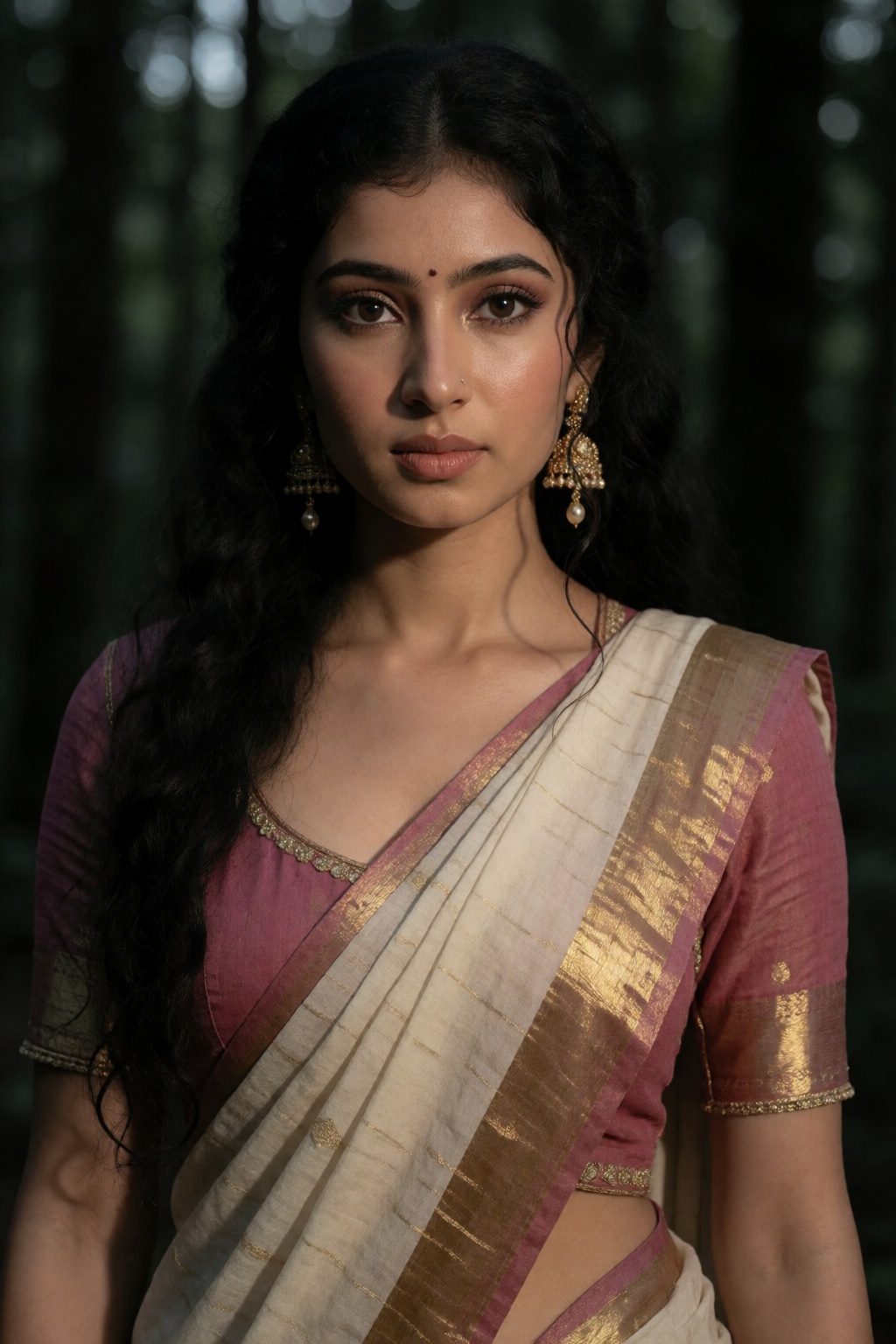 Create a Y2K style fashion photograph of a Kerala woman set in a dark forest environment. Focus on her in a jumb suit,  wi...