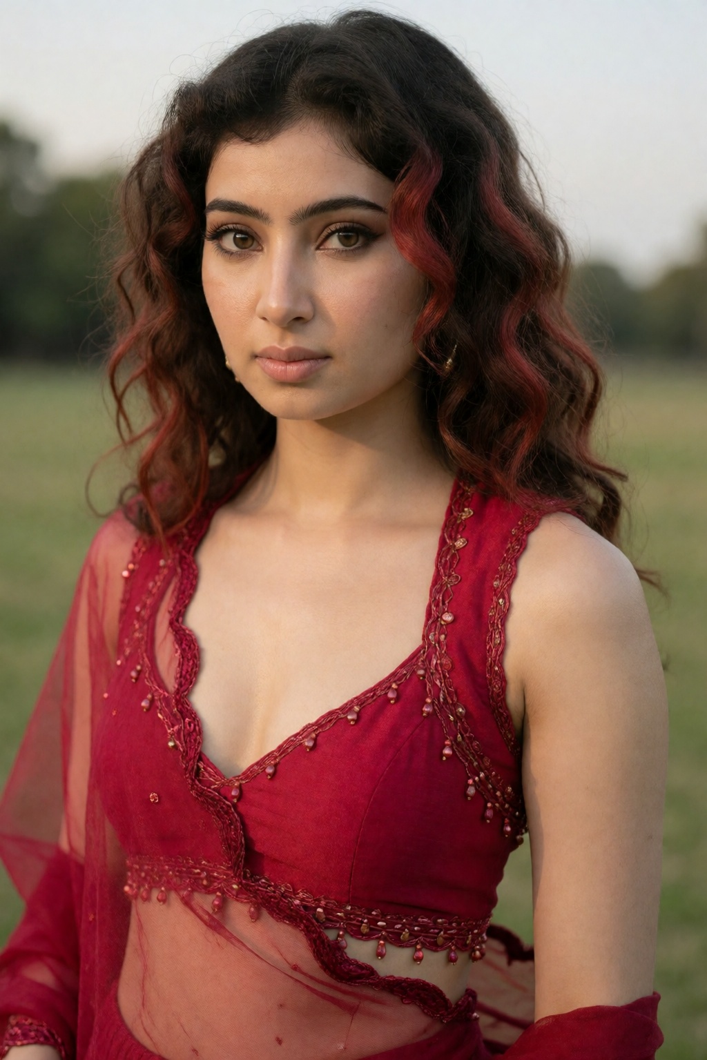 Photograph of a young South Asian woman with medium-length,  wavy brown hair with reddish highlights,  standing outdoors i...