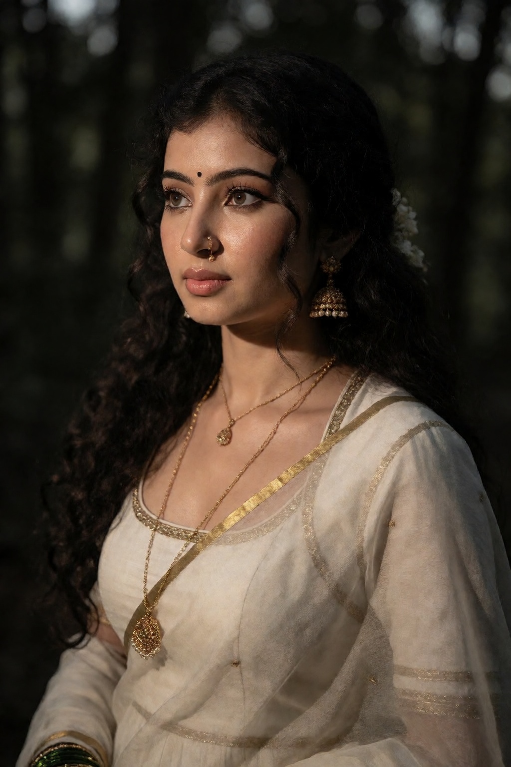 Create a Y2K style fashion photograph of a Kerala woman set in a dark forest environment. Focus on her in a jumb suit,  wi...