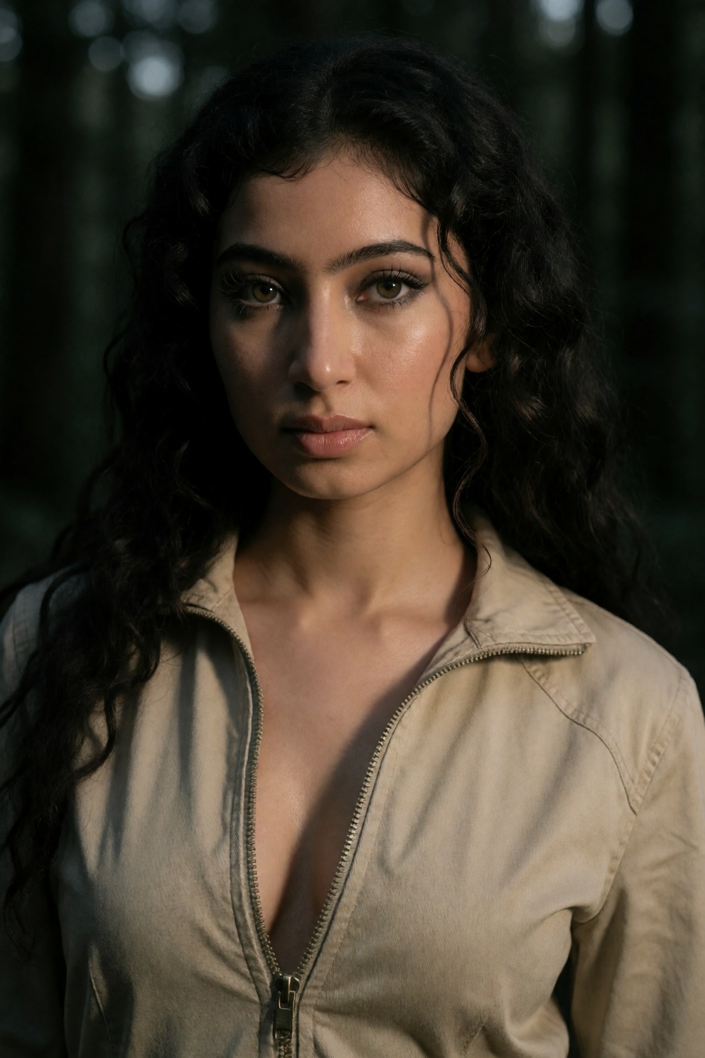Create a Y2K style fashion photograph of a South Asian actress set in a dark forest environment. Focus on her in a jumb su...