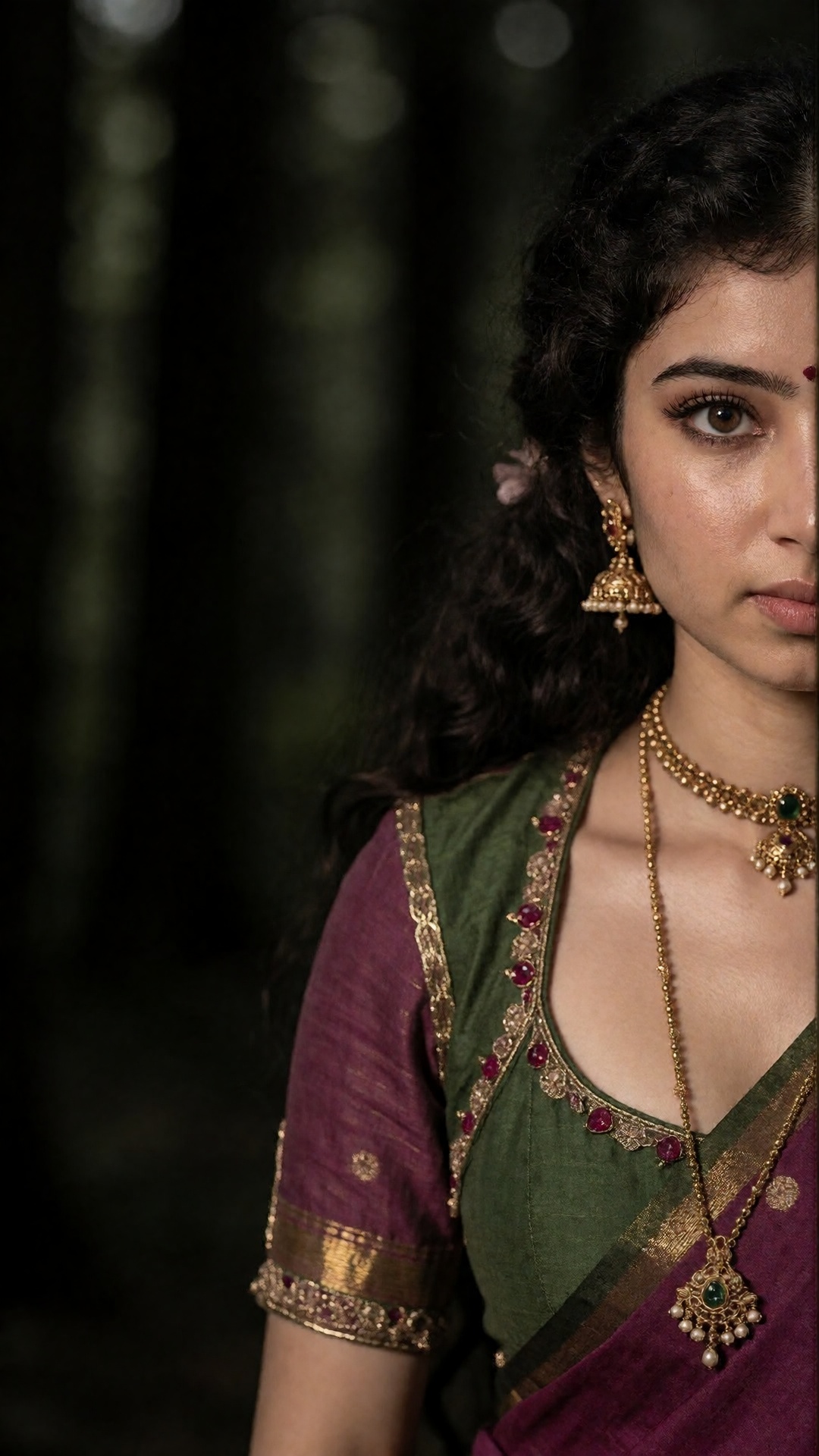 A kerala woman in dark forest,  Y2K style fashion photography,  jumb suit on Tensor.Art