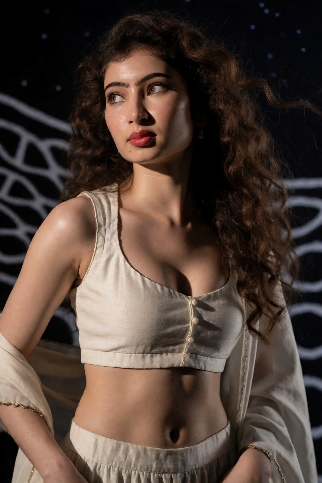 Photograph of a young South Asian woman with light brown skin and long,  wavy brown hair,  standing against a dark on Tens...