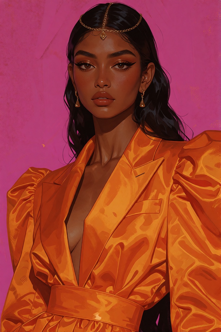 stylized editorial fashion illustration of a South Asian woman with warm brown skin,  sleek waist-length black hair with a...
