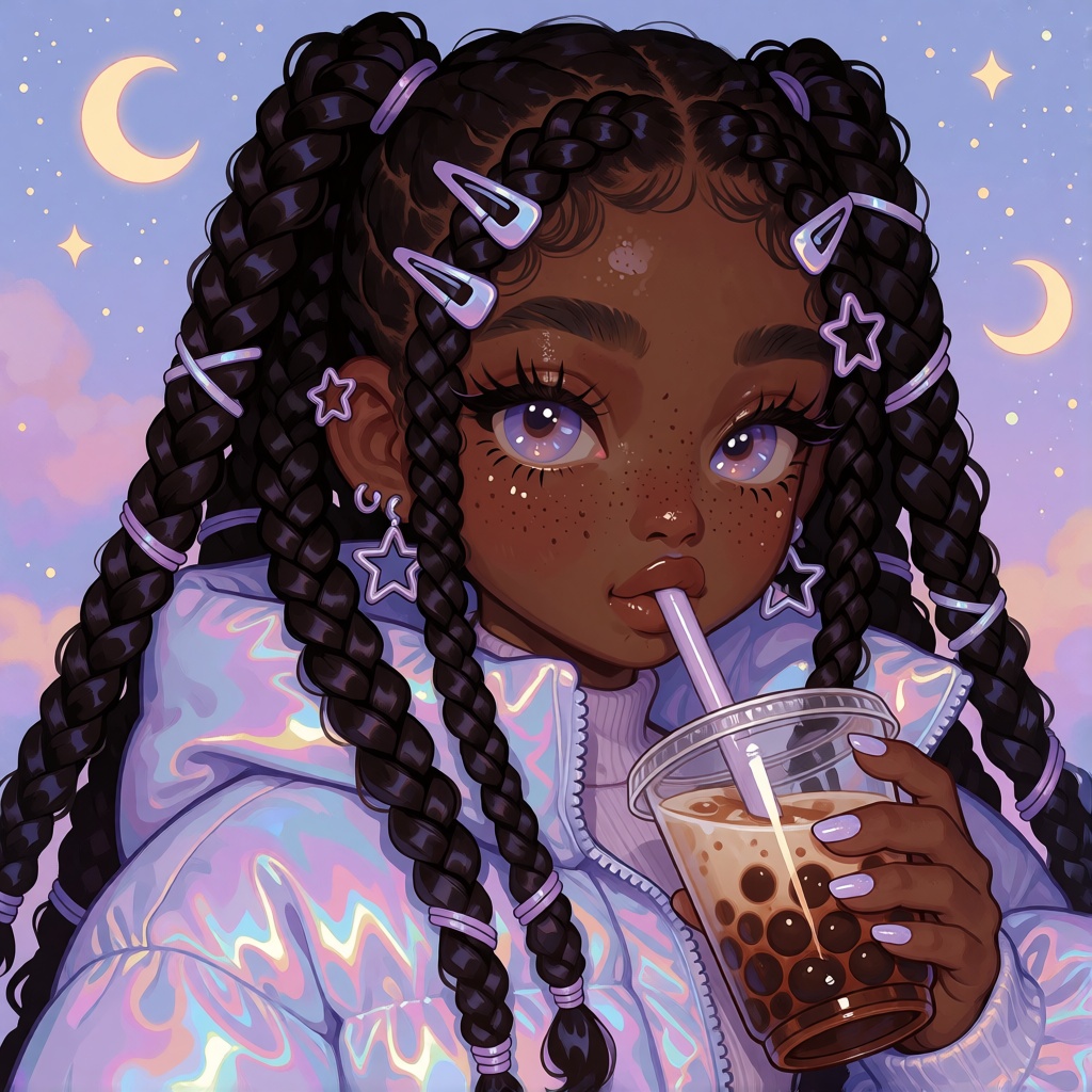 illustration of a young Black woman with rich espresso skin,  long glossy box braids with lavender and silver star clips,...