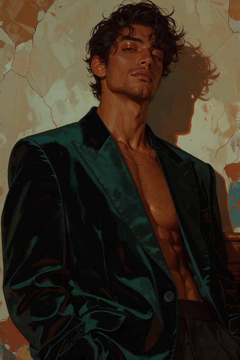 stylized editorial illustration of a Latino man with golden-tan skin,  tousled dark wavy hair,  light stubble on Tensor.Art