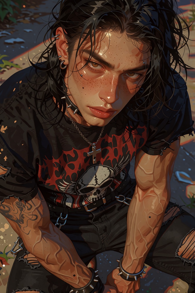 a gorgeous male,  with long black hair. he's a metalhead. wears a worn black metal band t-shirt from the 80s. his pants ar...