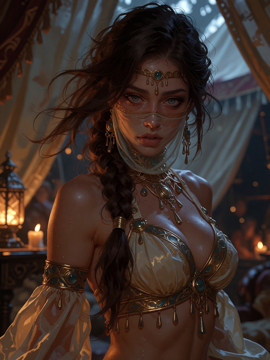 A close-up portrait of an ***** human female,  an exotic dancer with a slim build and striking feminine features. She has...