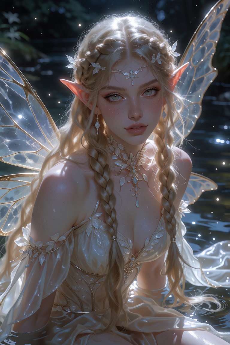 This is a highly detailed image of a gorgeous fairy woman with long blond braided hair,  glowing softly under silvery moon...