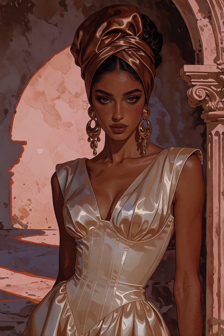 stylized editorial fashion illustration of an Arab woman with olive-brown skin,  strong arched brows,  kohl-rimmed eyes on...