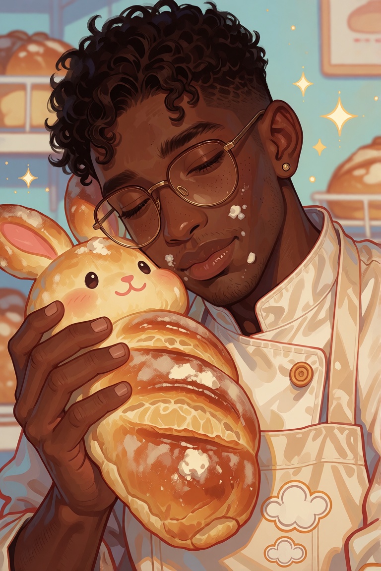 illustration of a young Black man with warm dark brown skin and a gentle sleepy smile,  soft tapered curls with a tiny flo...