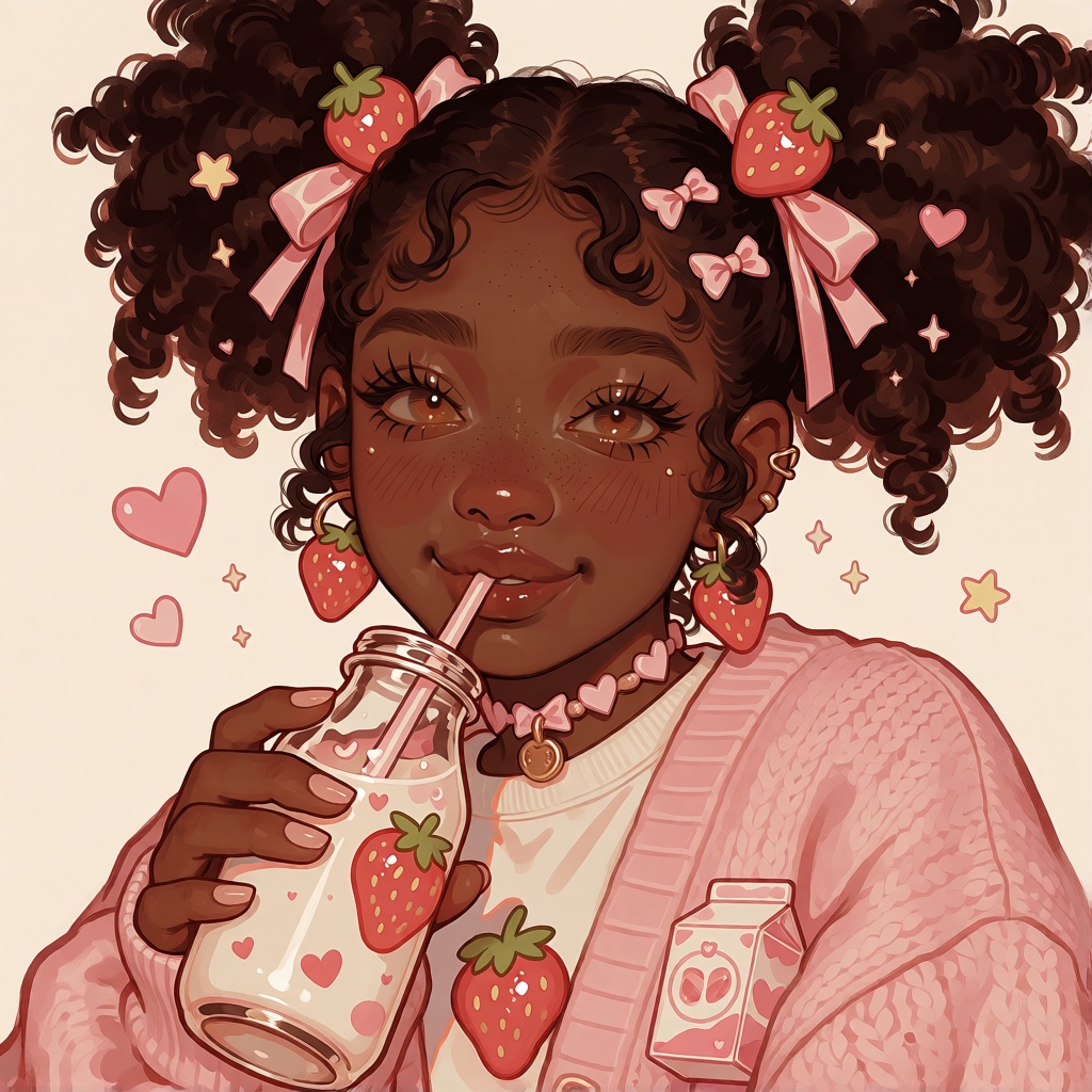 illustration of a young Black woman with deep brown skin and rosy blushing cheeks,  voluminous afro puffs tied with pink s...