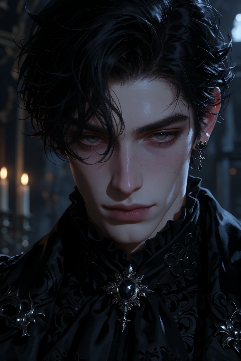 Create a half-body portrait of a pretty boy in a dark gothic setting,  emphasizing his pale elegant beauty and delicate ma...