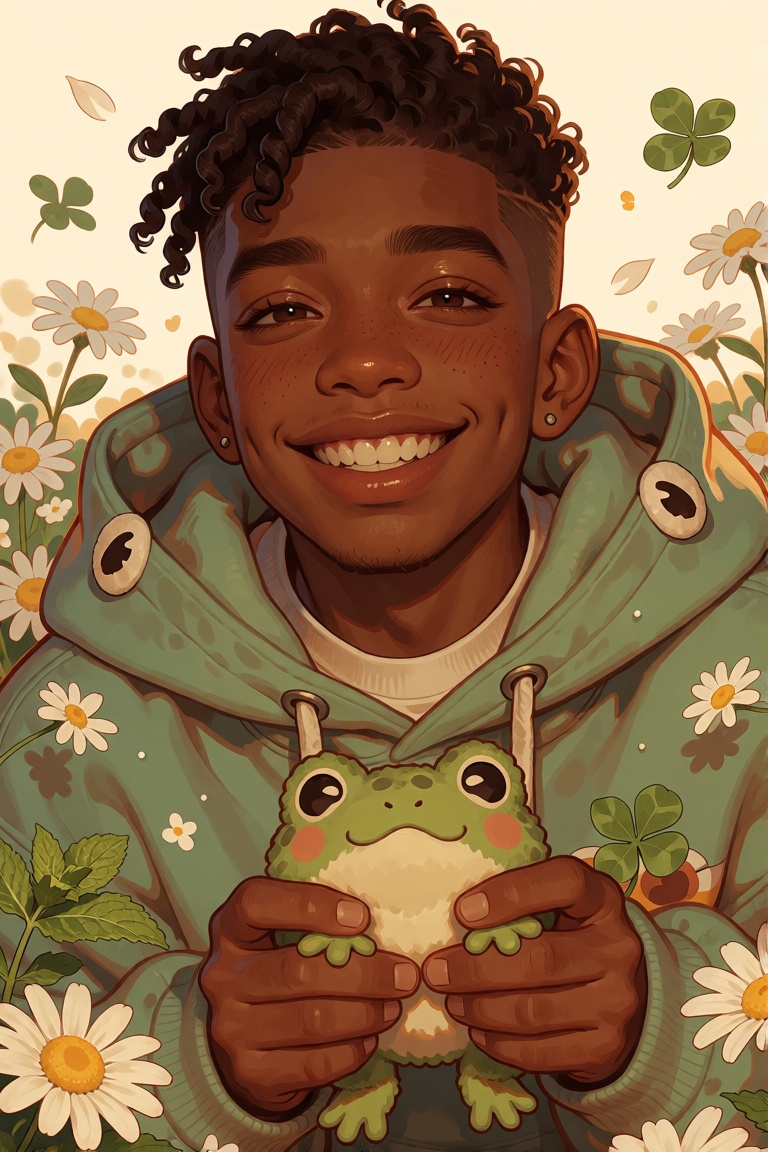illustration of a young Black man with medium golden-brown skin,  a fresh fade with a cute twisted curl on top,  wide brig...