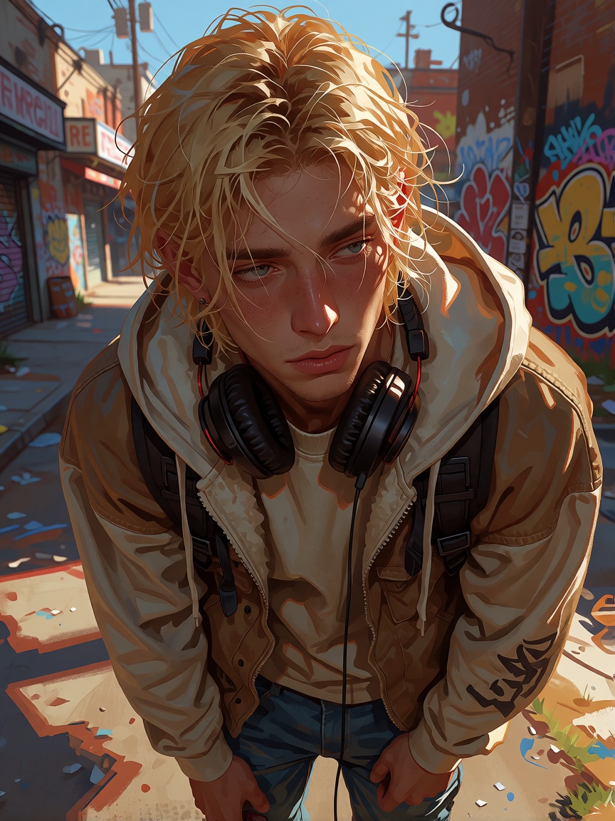 Create a pseudo-realistic image with stylized western elements of a young male with medium-length blonde hair and blue eye...
