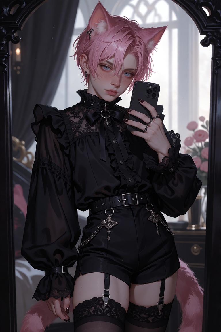 A young boy with short pink hair and striking blue eyes stands in front of a mirror,  holding a phone in one hand. He has...