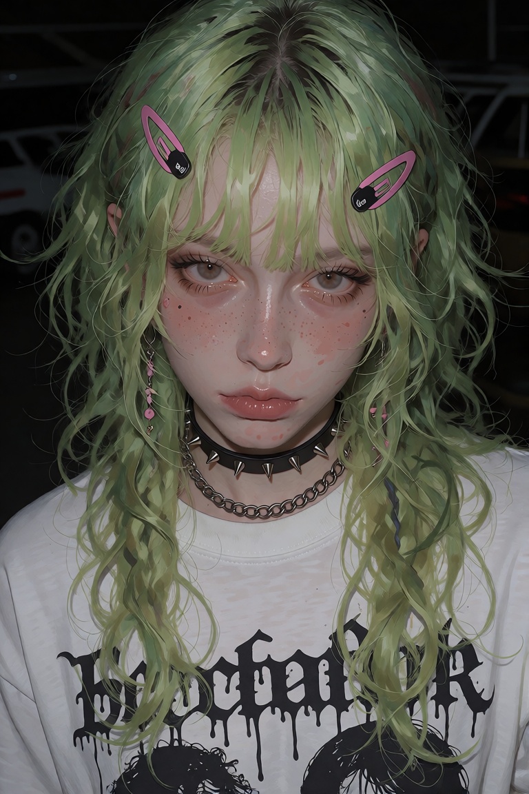 Create an image that captures a person with long,  wavy,  light green hair. They are wearing a white t-shirt adorned with...