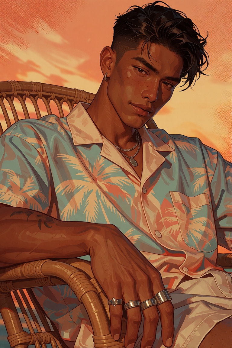 stylized editorial illustration of a Filipino man with warm caramel-brown skin,  a sharp undercut with a glossy black quif...