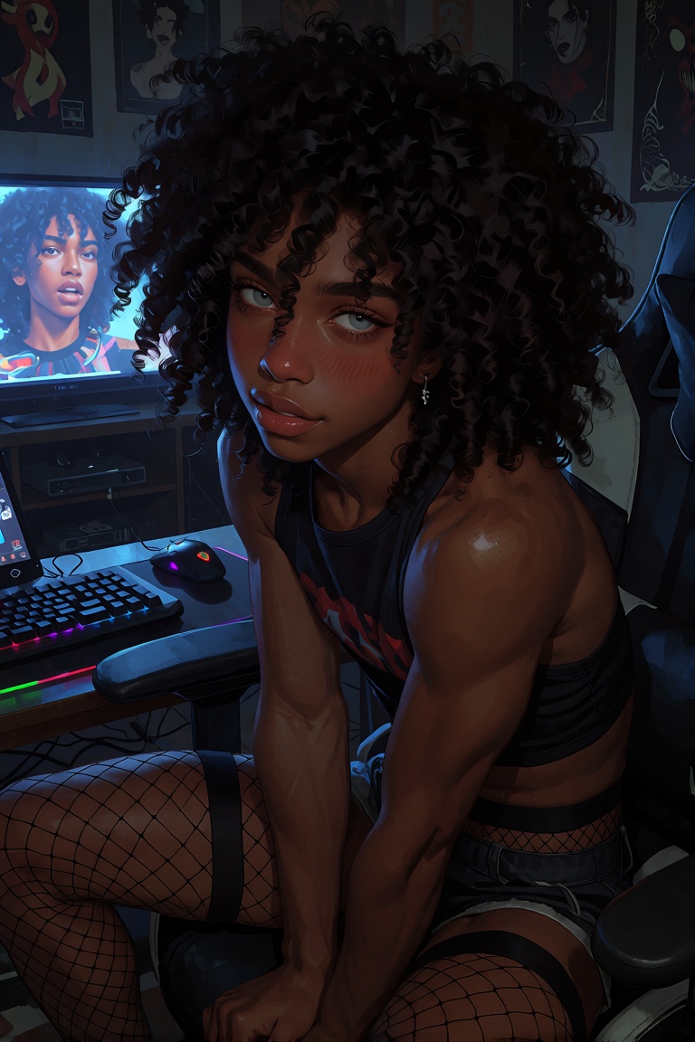 Create a semi-realistic art piece featuring a lone African-American boy with long,  curly afro hair and dark skin. He has...