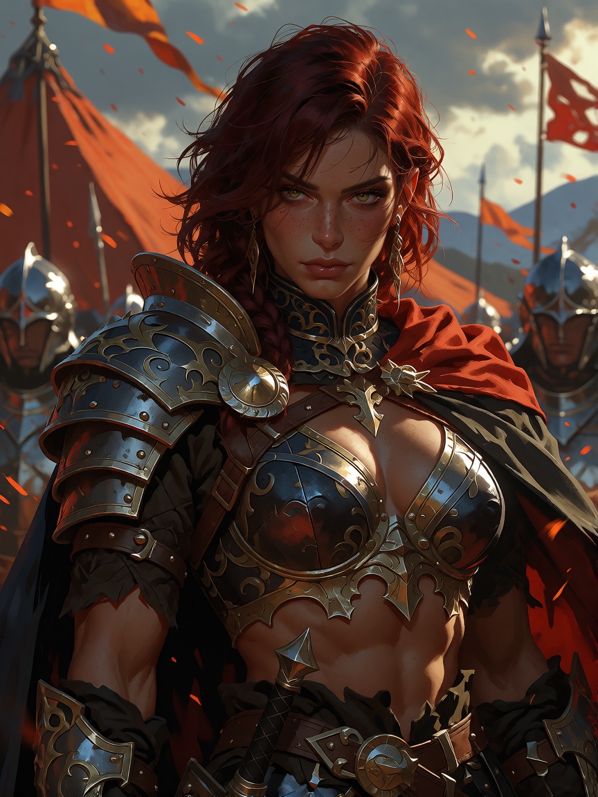 Create a medium portrait of a tall,  well-built warrior woman in her late twenties,  with medium-length auburn hair and st...