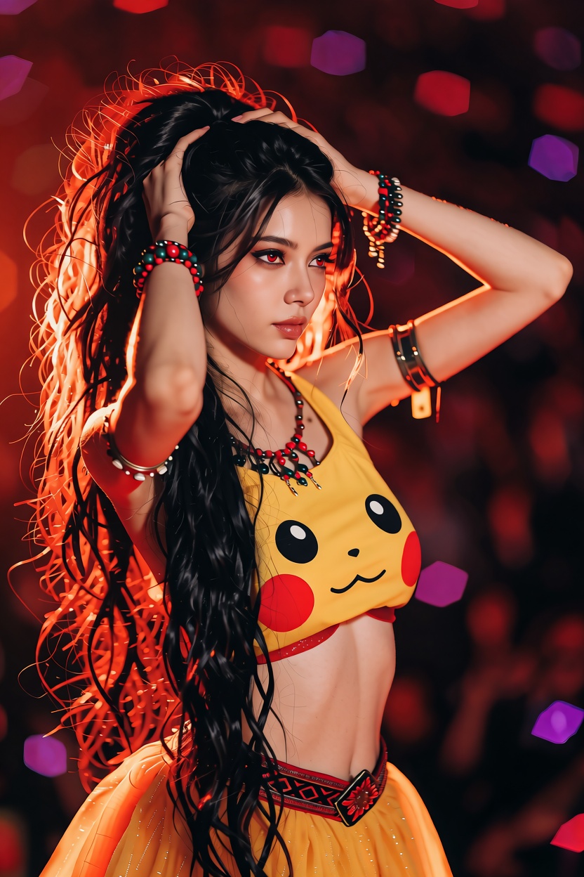 A medium shot of a female dancer from the waist up with very long black hair and a messy side ponytail and red eyes,  wear...