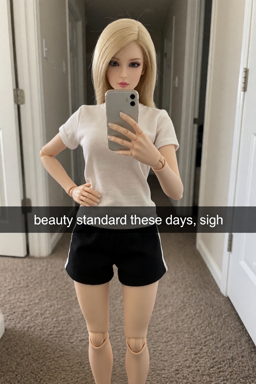 A realistic color photograph of a blonde ball-jointed doll woman taking a mirror selfie in a carpeted hallway. She holds a...