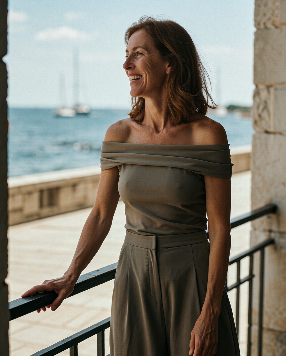 an ***** woman with shoulder-length chestnut hair and a bright candid smile,  wearing a stylish off-shoulder top and wide-...