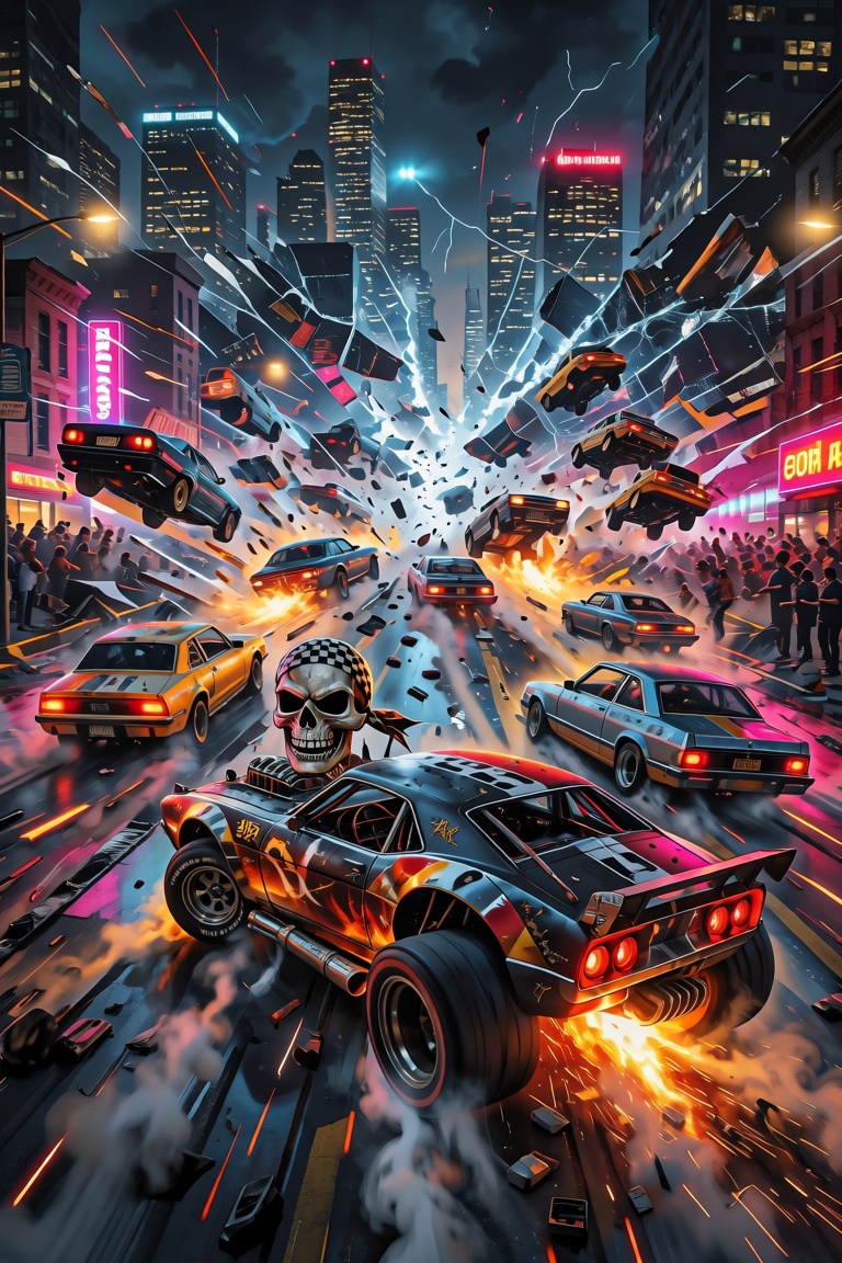 A chaotic cityscape bathed in the neon glow of streetlights is torn apart by a wild street race,  cars launching off ramps...