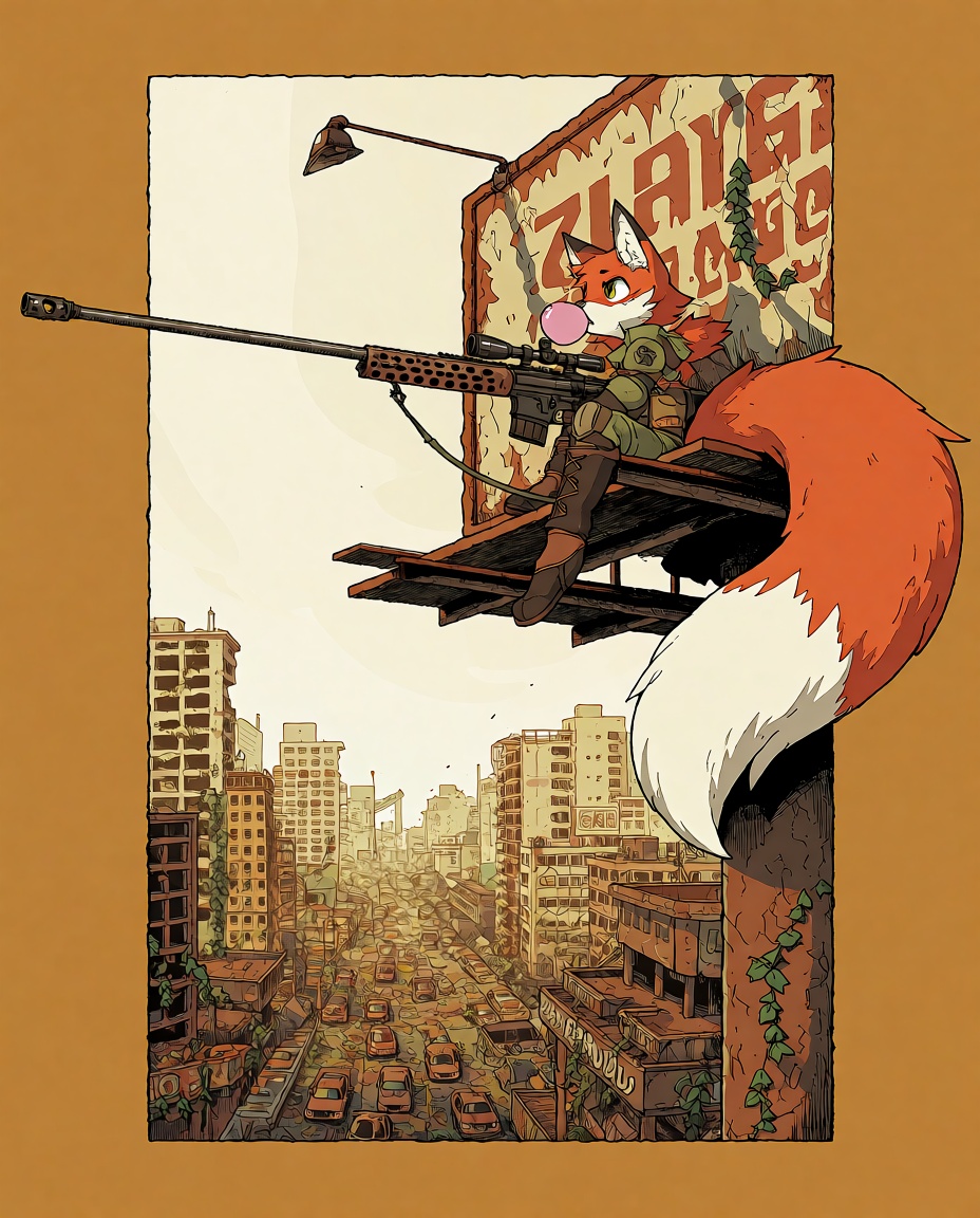 A stylized comic panel illustration in graphic novel linework,  featuring a spunky anthro red fox girl sharpshooter seated...