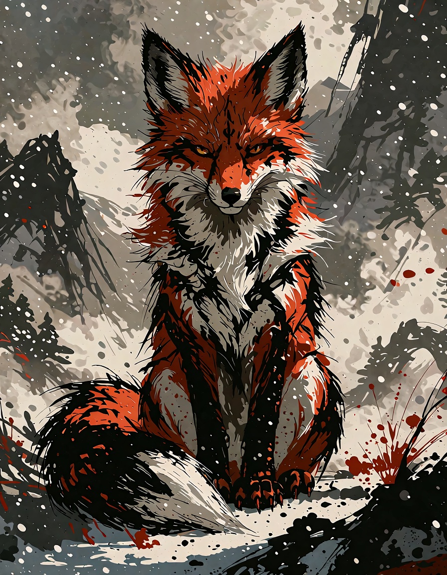a fox or wolf framed by snow and ink splatter,  with dramatic stripes,  markings or scales that reinforce the creature's i...