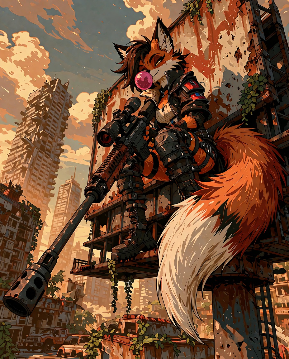 A stylized comic panel illustration in graphic novel linework,  featuring a spunky anthro red fox girl sharpshooter seated...