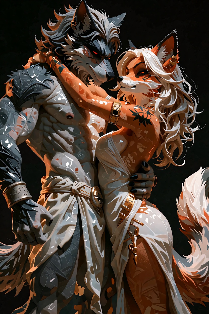 A life-sized,  highly detailed polished marble statue of a muscular,  male anthro wolf and voluptrus female fox facing sid...