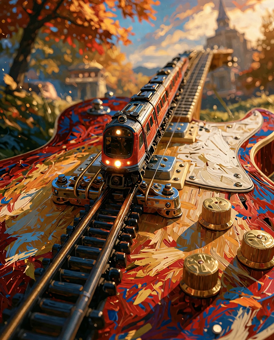 lying guitar from a side perspective,  on the strings a train is approaching,  using the strings as track. Autumn atmosphe...