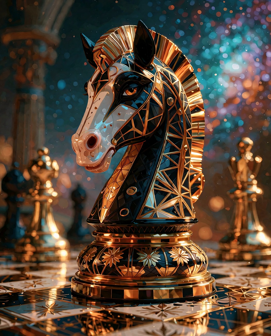 Art Deco style glass painting of surrealist art helios-zarbi,  Studio-quality ultra-realistic photography 3D vintage chess...