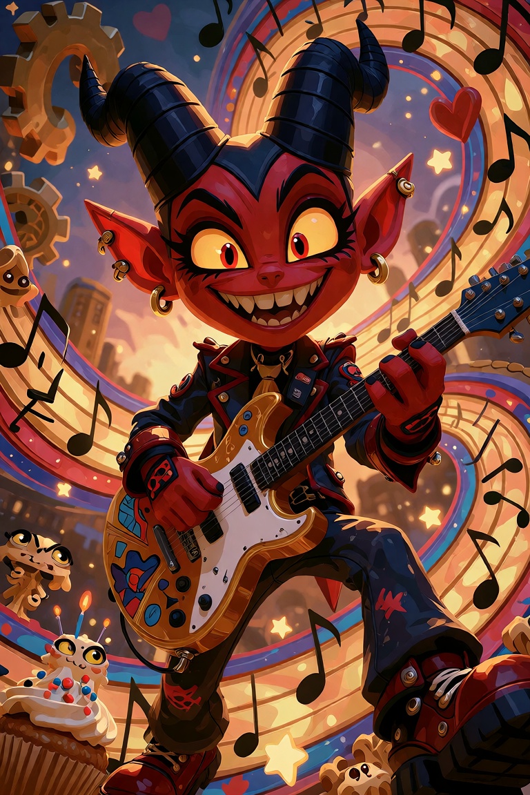 DecoDaal,  A smiling demon plays an electric guitar at the center of an elaborate collection of musical notes,  cartoon fa...