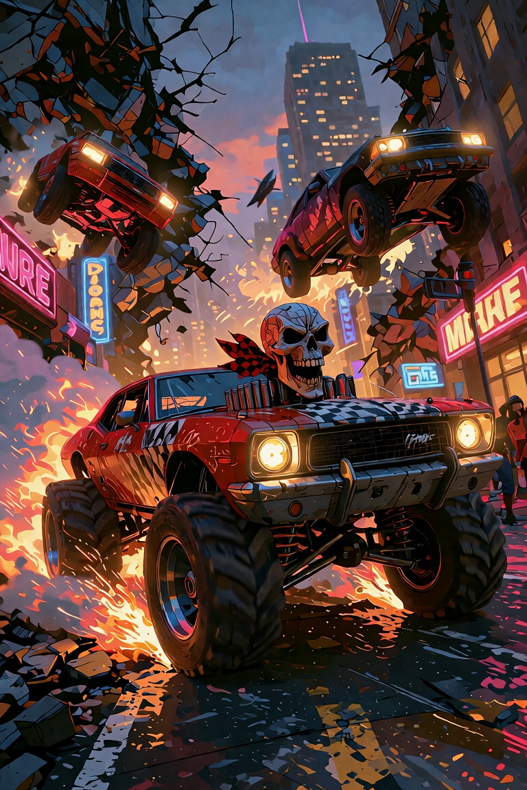 A chaotic cityscape bathed in the neon glow of streetlights is torn apart by a wild street race,  cars launching off ramps...
